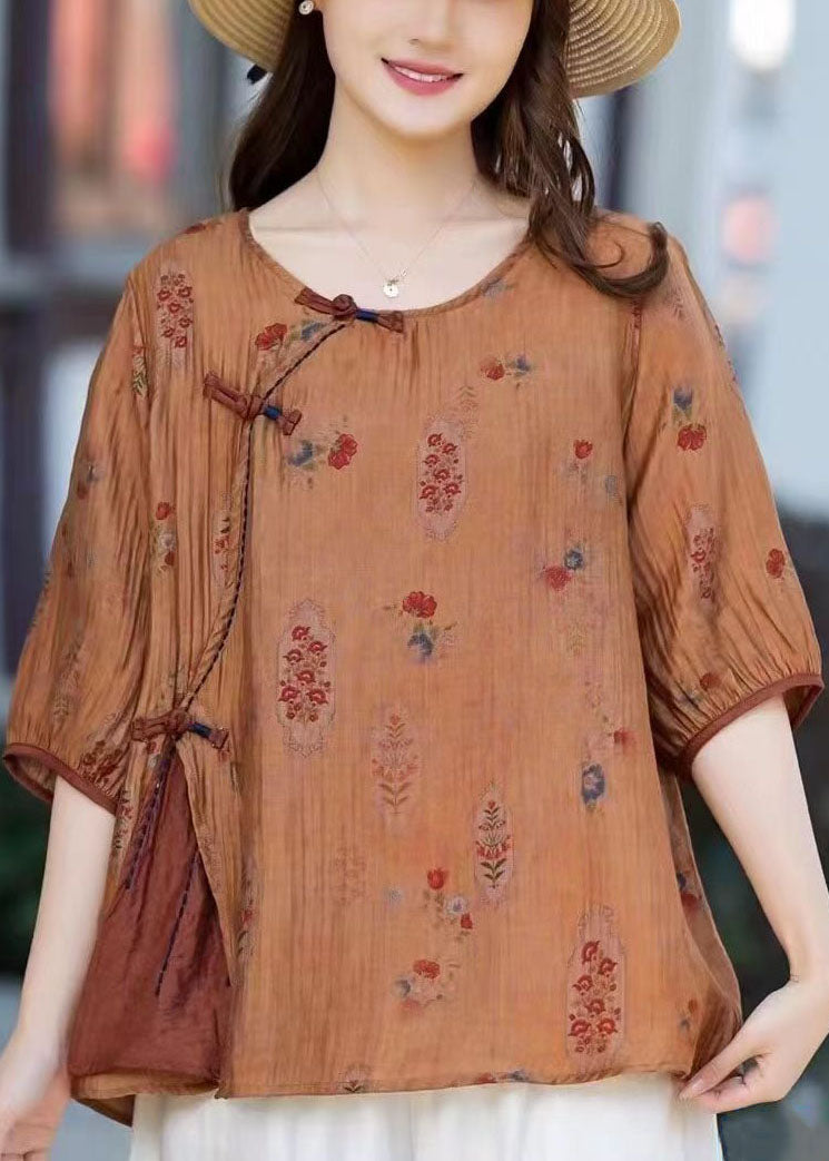 Camel O Neck Print Chinese Button Patchwork Cotton T Shirt Summer