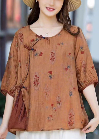 Camel O Neck Print Chinese Button Patchwork Cotton T Shirt Summer