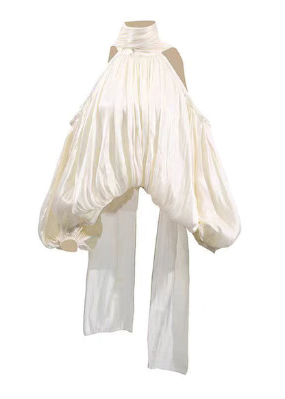 Style Yellow Cold Shoulder Wrinkled Chiffon Shirt Top Lantern Sleeve