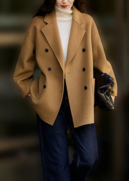 Camel Peter Pan Collar Pockets Patchwork Woolen Coats Fall