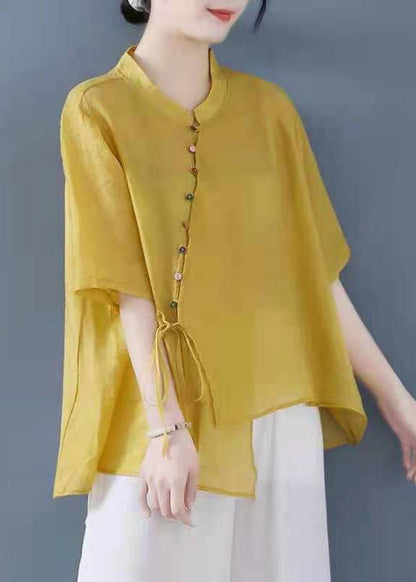 Yellow Stand Collar Asymmetrical Design Shirt Top Half Sleeve