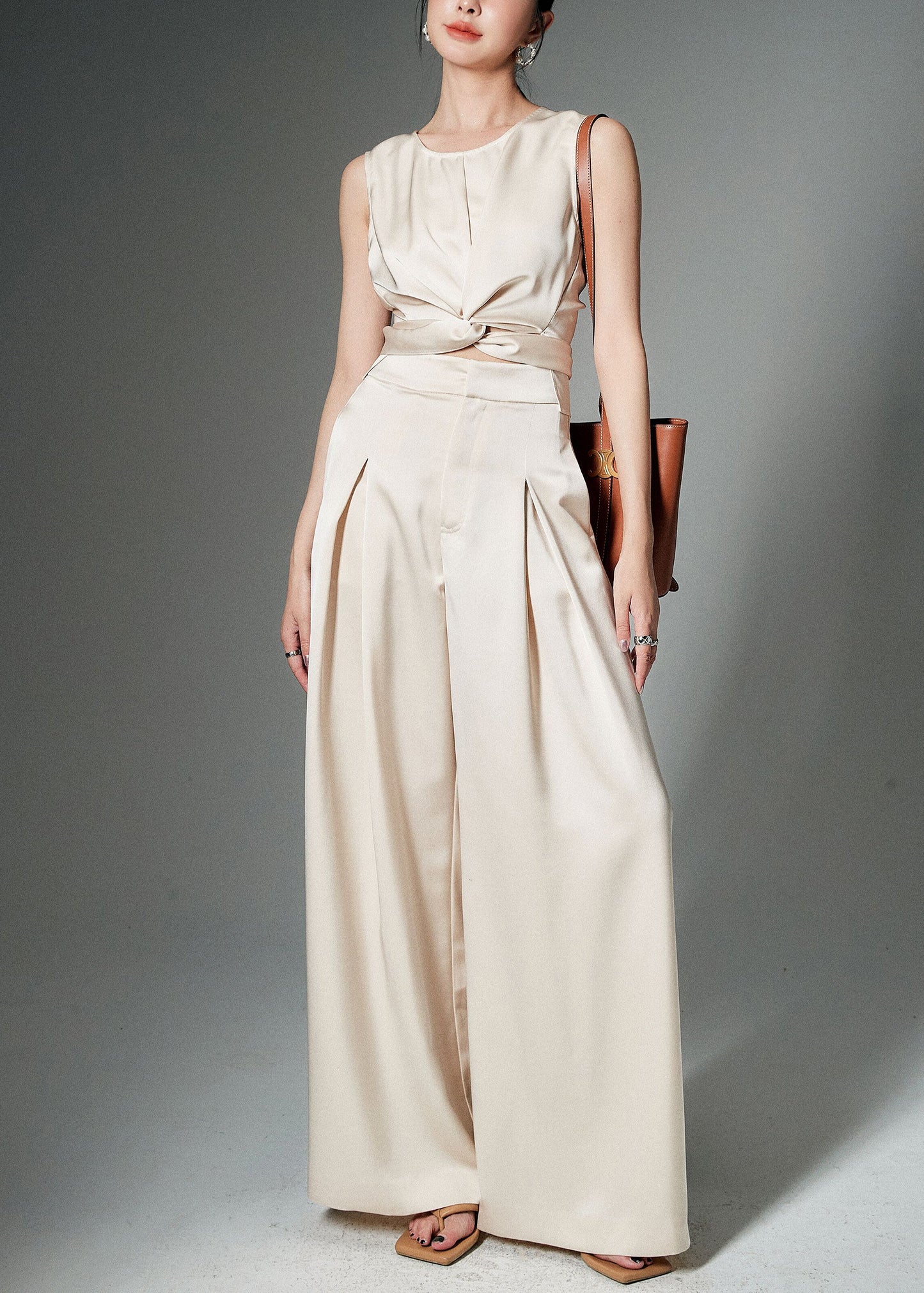 Beige Front Open Tops and Pants Silk Two Pieces Set Sleeveless