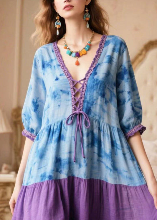 Blue Tie Dye Patchwork Cross Strap Holiday Dress Summer