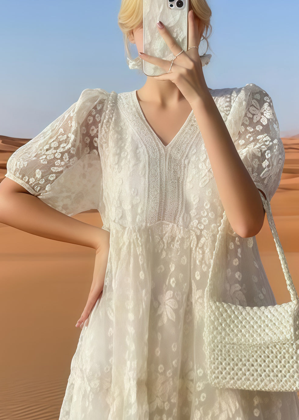 Beige Embroidered Tulle Holiday Dress Summer