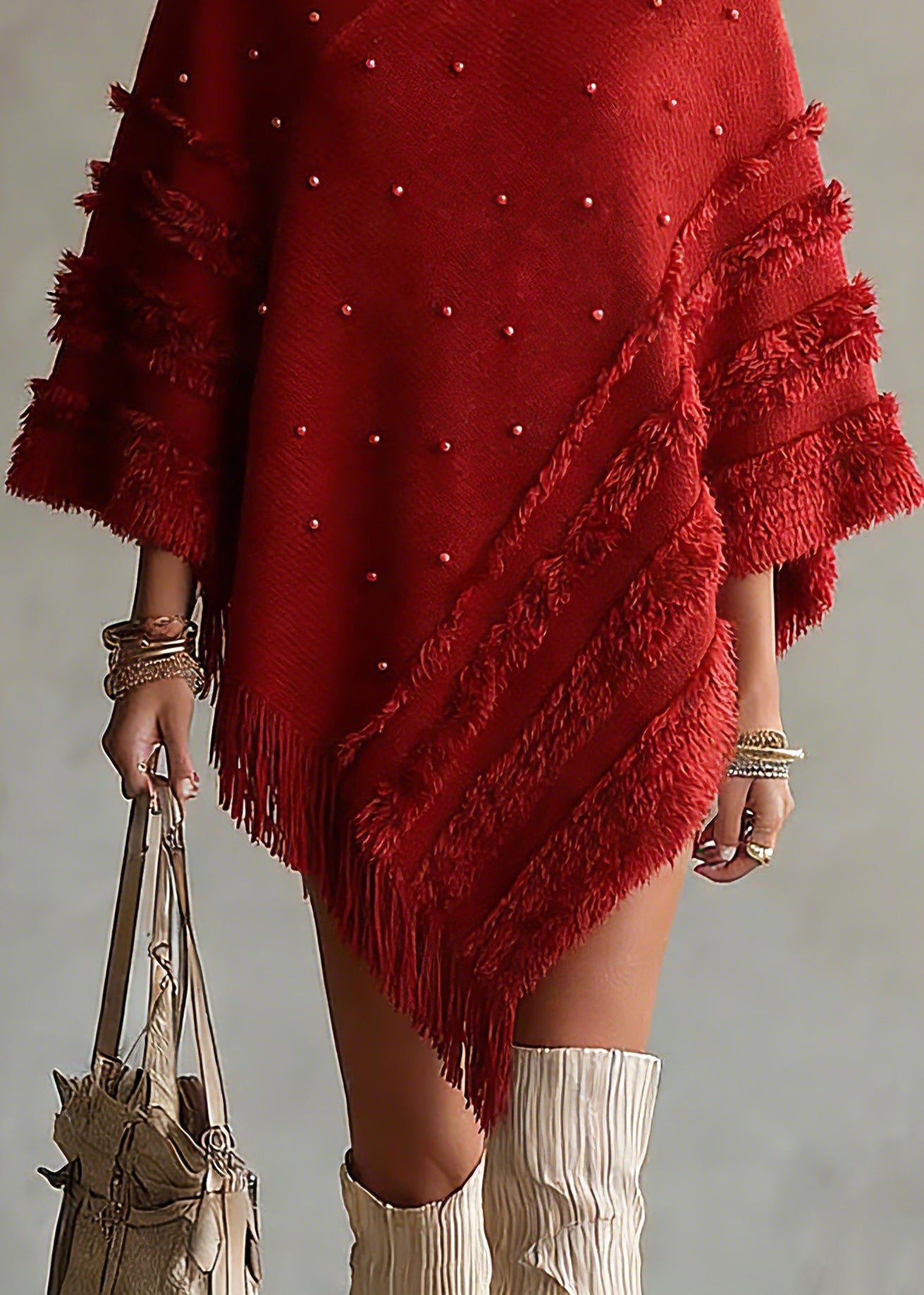 Red Turtleneck Tassel Patchwork Cotton Knit Sweaters Tops Batwing Sleeve