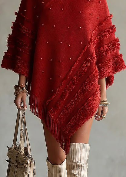Red Turtleneck Tassel Patchwork Cotton Knit Sweaters Tops Batwing Sleeve