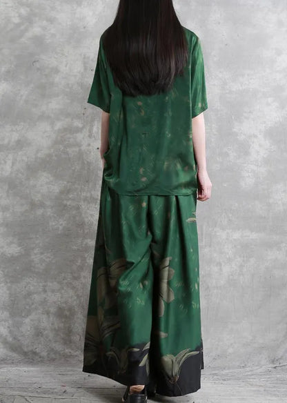 20 Summer Retro Suit Female Green V-neck Five-point Sleeve Shirt + Big Swing Skirt Pants