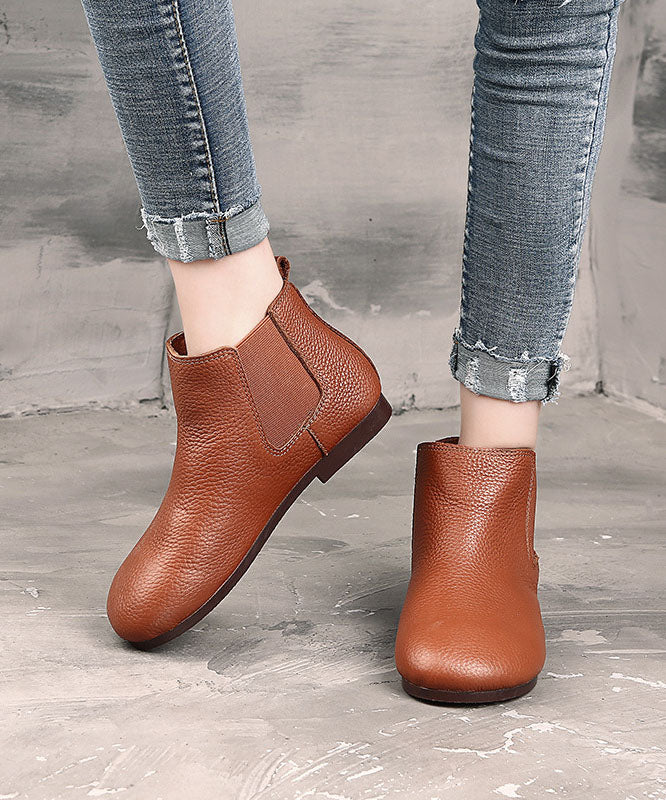 Coffee Boots Cowhide Leather Warm Fleece Flat Boots