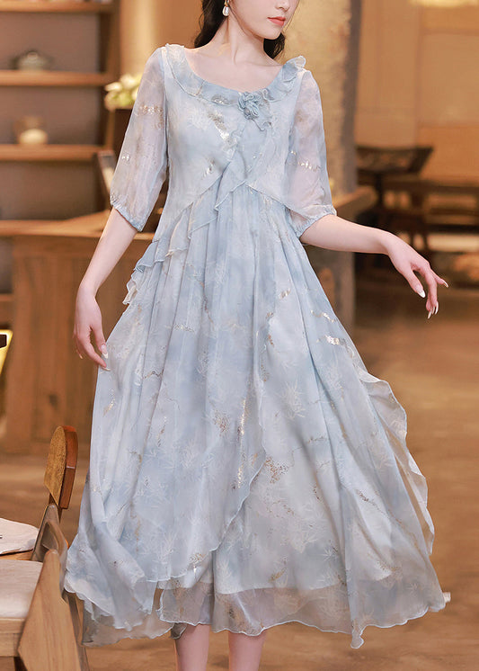 Boutique Light Blue Ruffled Asymmetrical Patchwork Chiffon Dress Summer