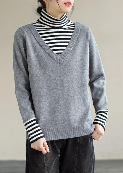 Pullover Light Gray Sweater Tops Patchwork High Neck Knit Sweat Tops