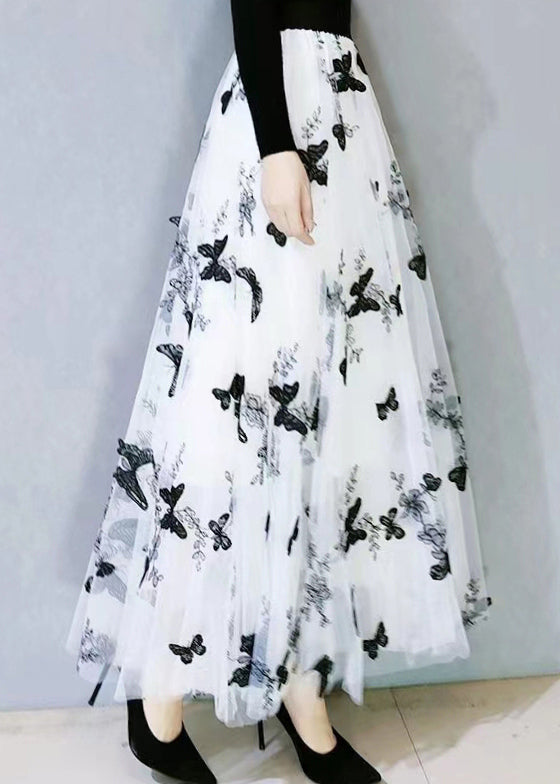White Butterfly Embroideried Exra Large Hem Loose Tulle Skirt Spring