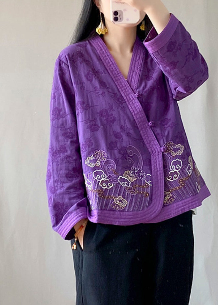 Handmade Purple Embroidered Tops Long Sleeve