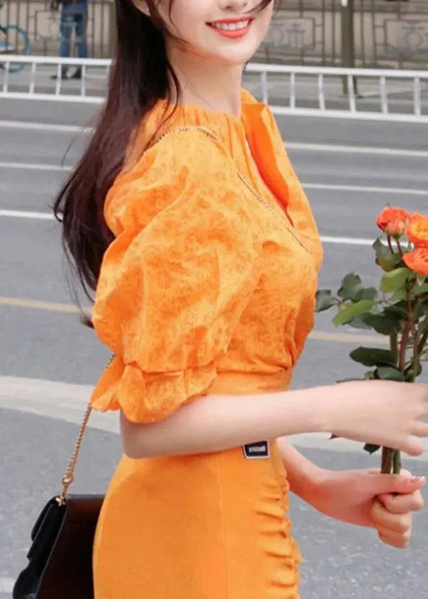 Art Orange V Neck Print Top and Skirts Two Pieces Set Lantern Sleeve