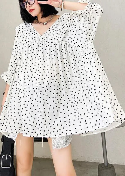 Beach White Dotted Chiffon Clothes Sleeve V Neck Ruffles Love Tops