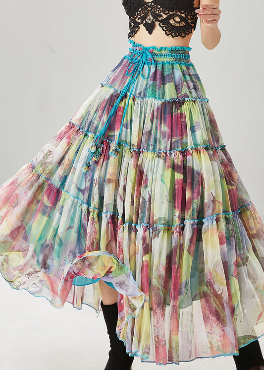 Blue Ruffled Print Chiffon Holiday Skirt Spring