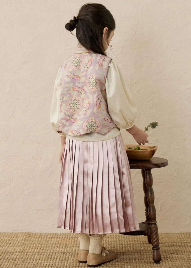Chinese Style Print Stand Collar Print Kids Waistcoat Top and Maxi Skirts Three Pieces Set Spring