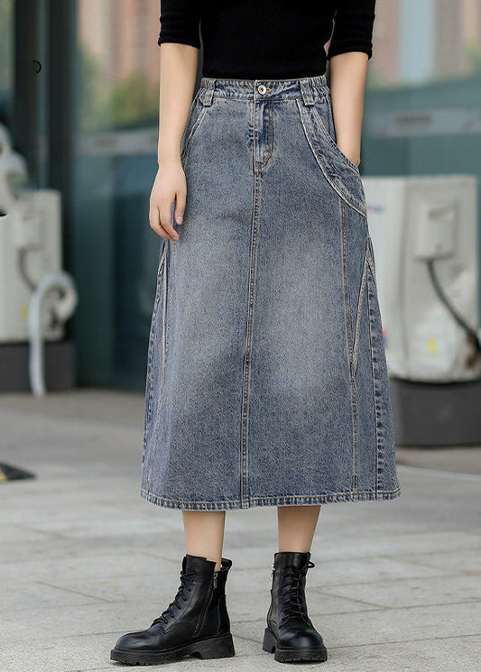 Classy Denim Blue Patchwork Elastic Waist a Line Skirt