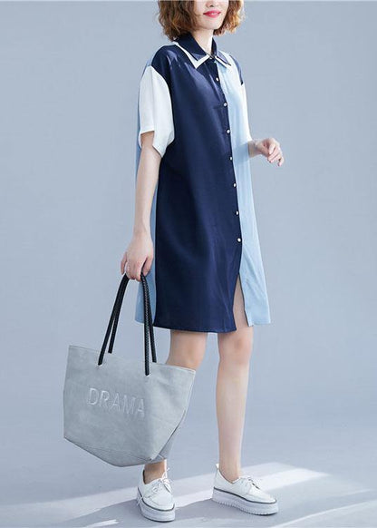 Blue Cotton Clothes Patchwork Summer Shirt Dress