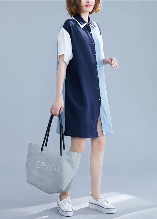 Blue Cotton Clothes Patchwork Summer Shirt Dress