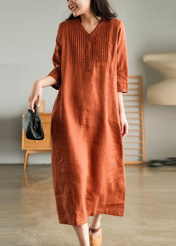 Orange Loose Linen Long Dresses Button Half Sleeve