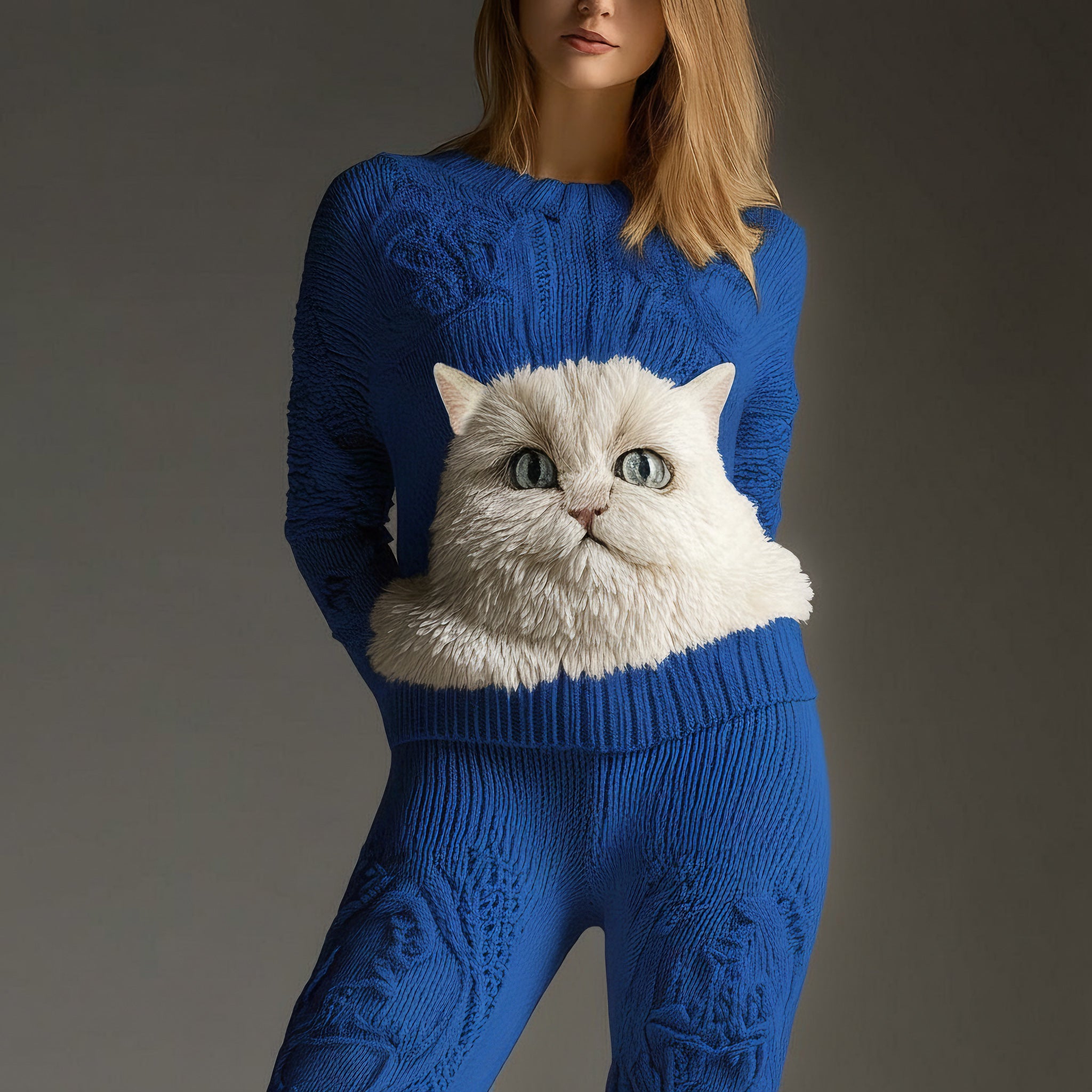 Comstylish Cute Fuzzy Cat Face Embroidered Cozy Knit Sweater