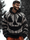 Halloween Pumpkin Emoji Black And White Striped Warm Hooded Sweater artswardrobe