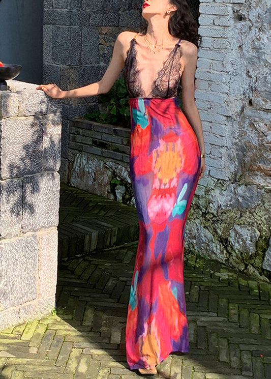 Red Lace Patchwork Long Spaghetti Strap Dress Summer