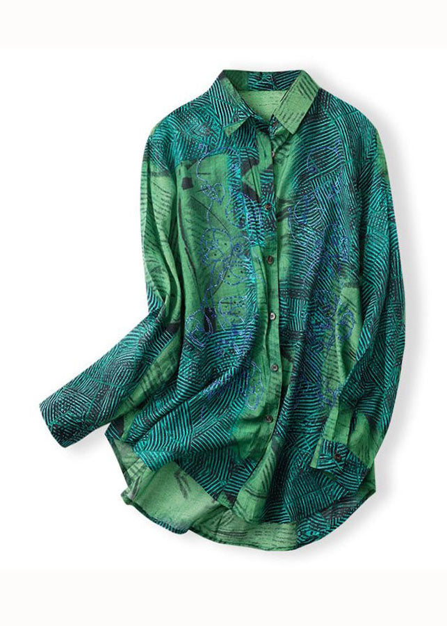 Green Peter Pan Collar Print Patchwork Cotton Shirts Long Sleeve