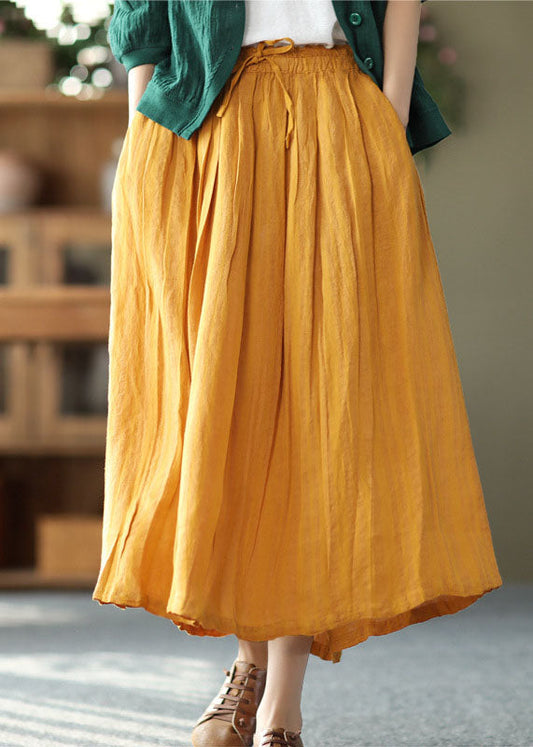 Yellow Wrinkled Patchwork Drawstring Linen Skirts Spring