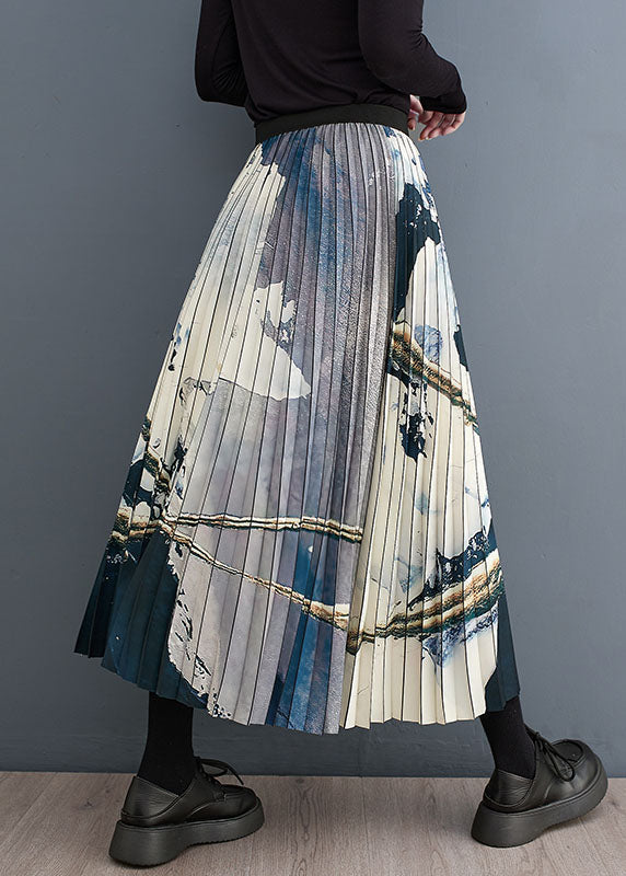 Print Patchwork Elastic Waist a Line Skirt Fall