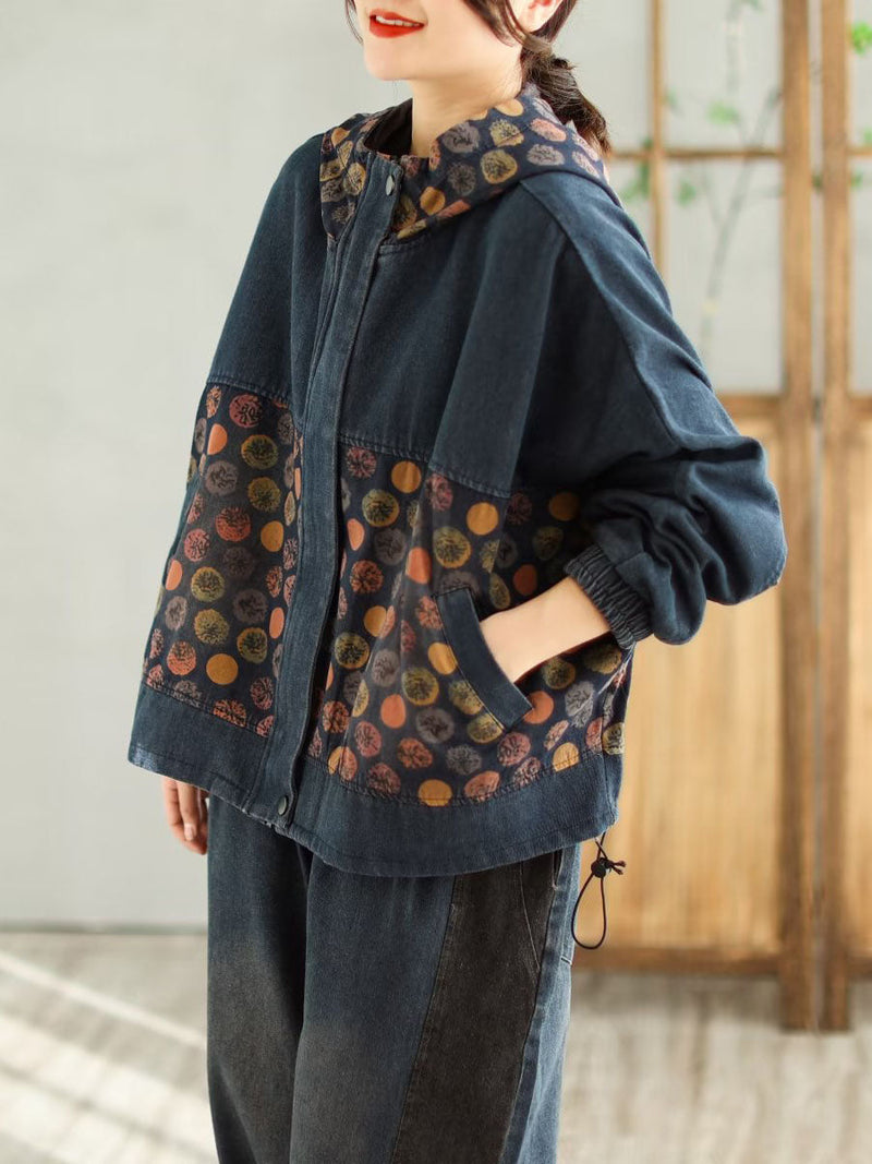 Spring Spliced Denim Hooded Coat