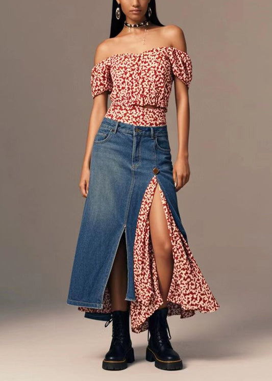 Navy Asymmetrical Patchwork Side Open Denim Skirt Fall
