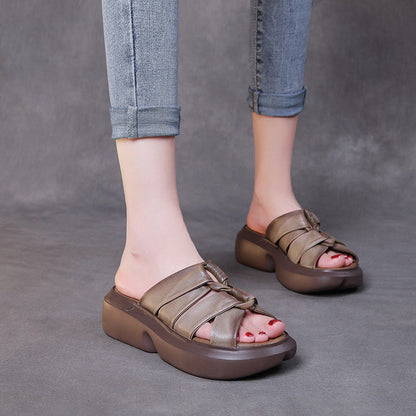 Retro Leather Wedge Slippers for