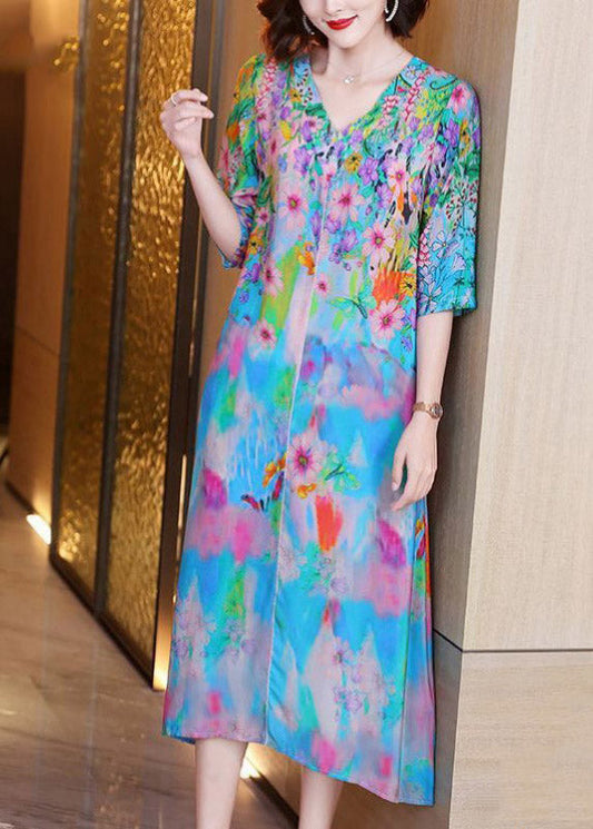 V Neck Print Silk Long Dresses Half Sleeve