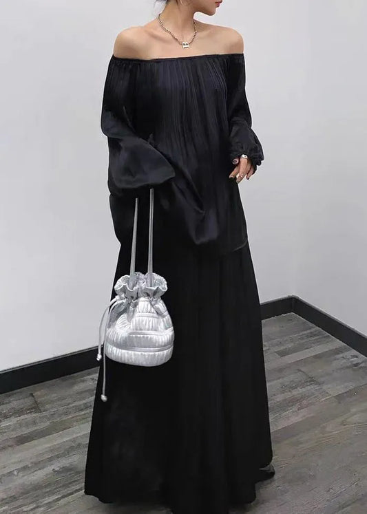 Black Wrinkled Tops and Skirts Cotton Two Pieces Set Long Sleeve