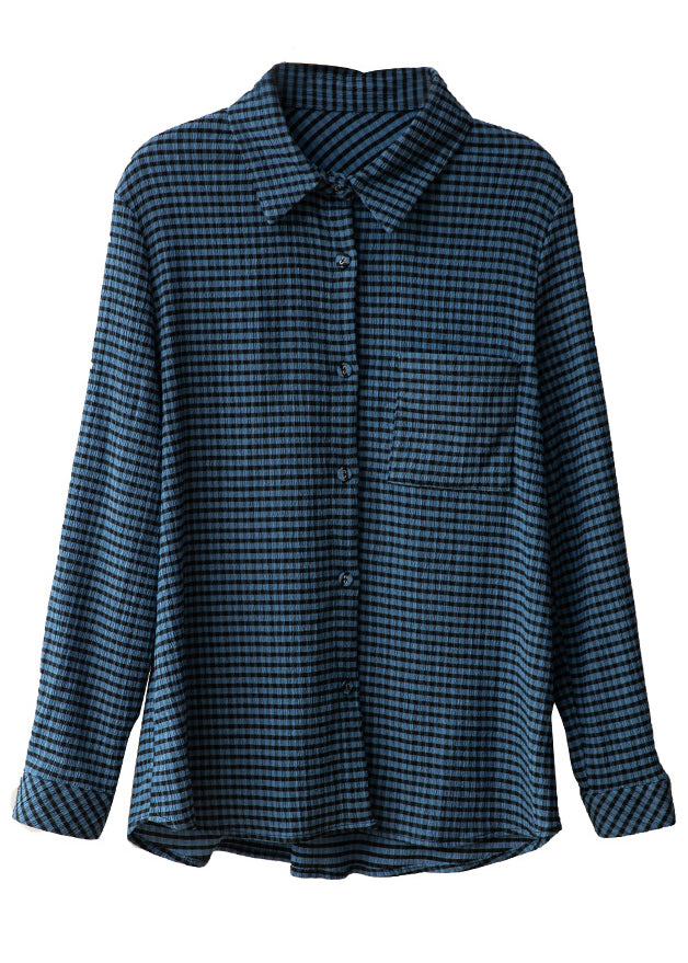 Loose Blue Plaid Button Patchwork Cotton Blouse Tops Fall