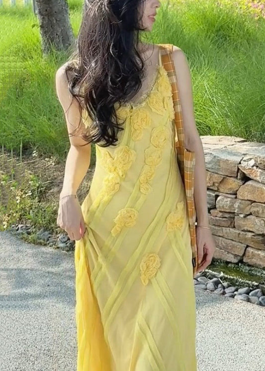 Yellow V Neck High Waist Spaghetti Strap Dress Sleeveless