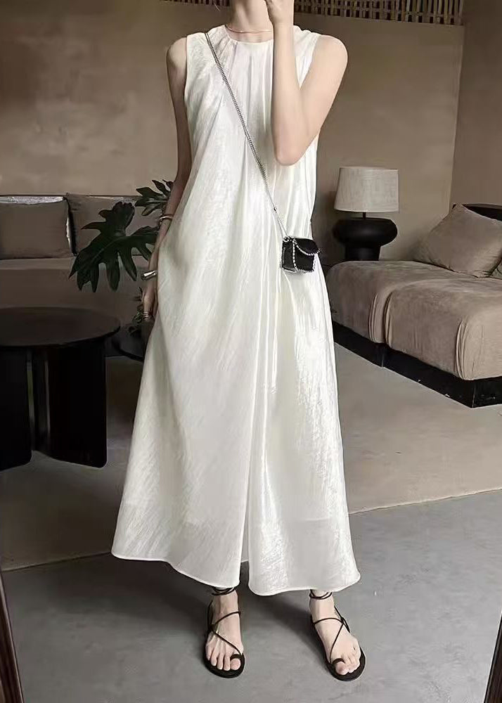 French Beige O Neck Silk Long Dresses Sleeveless
