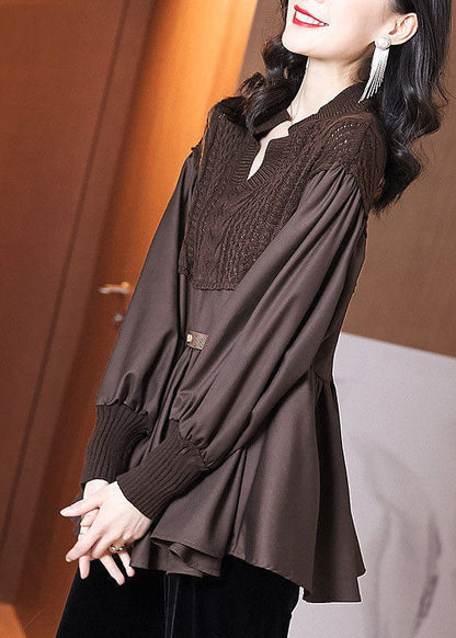 Coffee Patchwork Knit Blouse Tops V Neck Ruffles Long Sleeve
