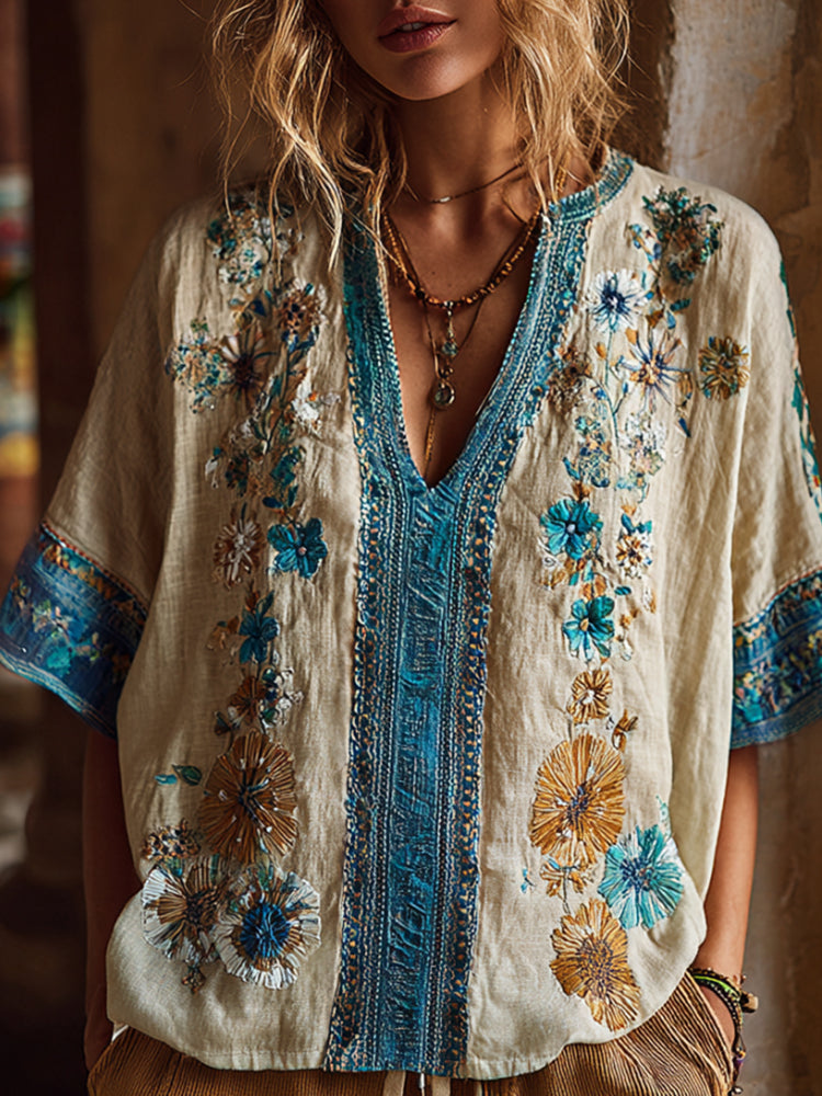 Bohemian Ethnic Style Rhapsody Flower Embroidery Vintage V-neck Short-sleeved Shirt elevenforest