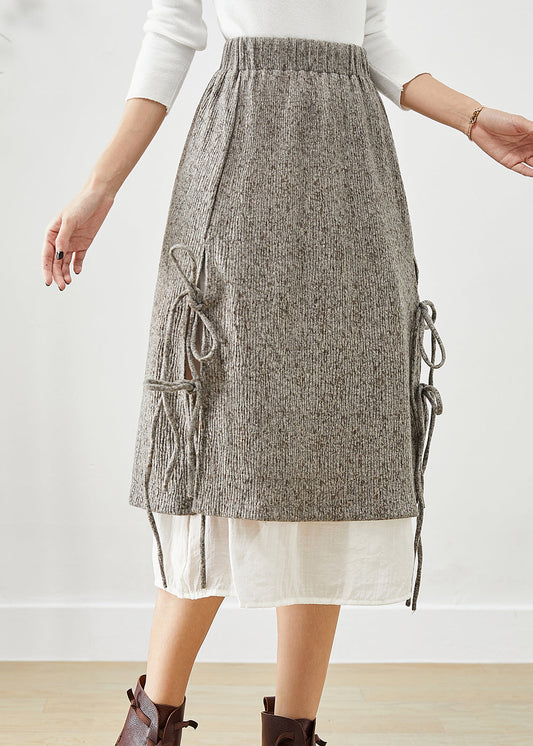 Grey Elastic Waist Patchwork Lace Up Cotton Fake Two Piece Skirt Fall