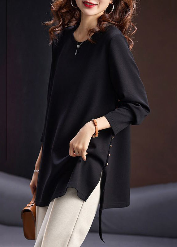 Simple Black Zircon Side Open Cotton T Shirt Spring