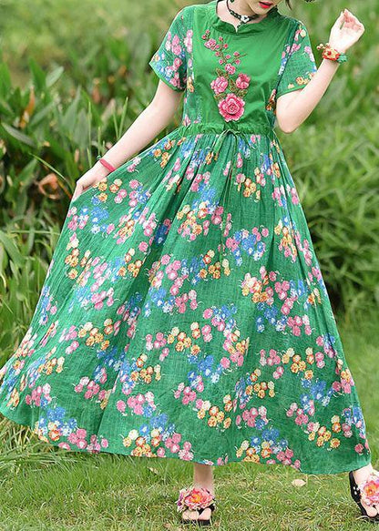French Green Print Cotton Clothes Tie Waist Embroidery Cotton Robes Summer Dress