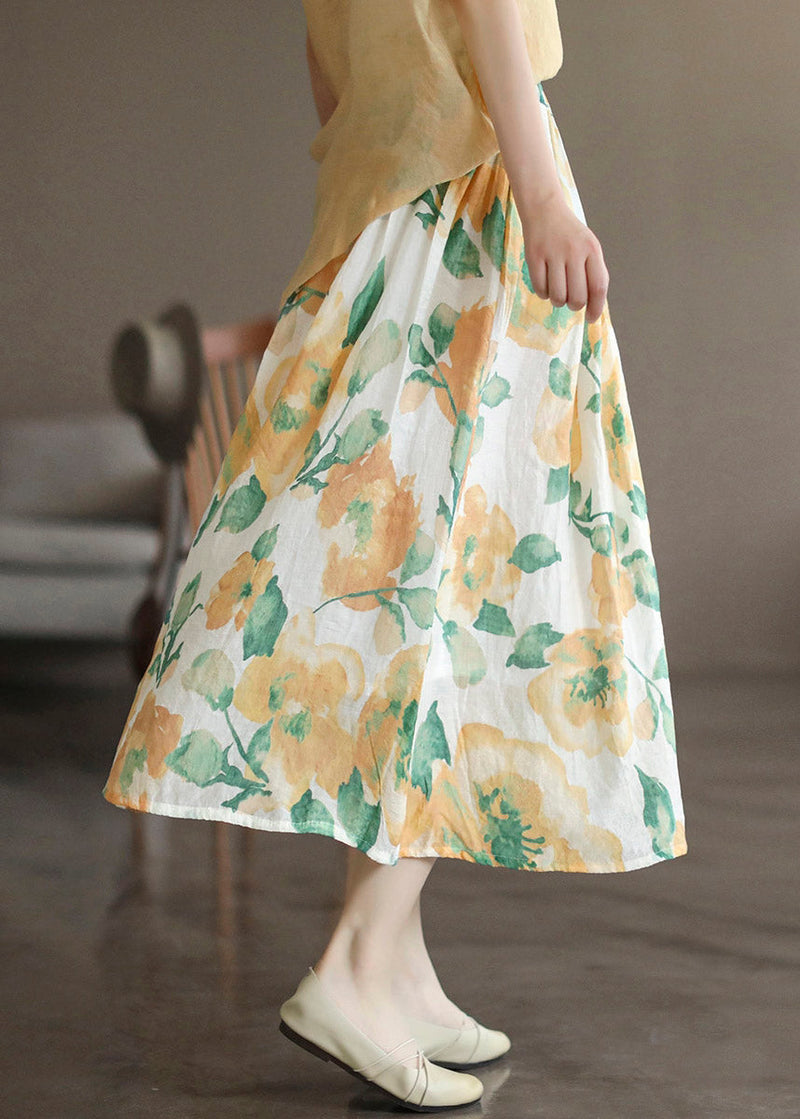 Yellow Print Elastic Waist Maxi Skirt