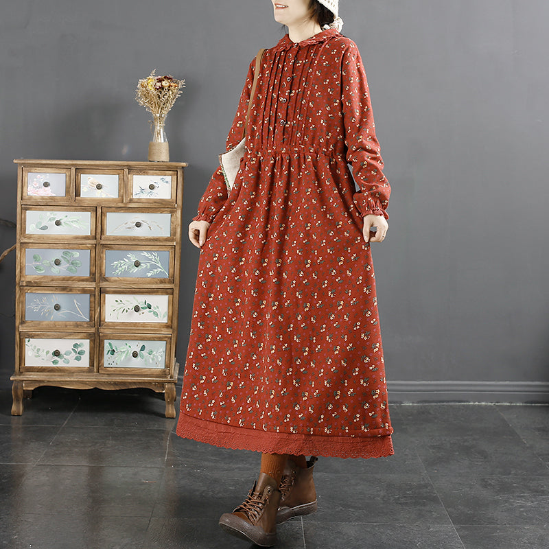 Winter Retro Pleated Cotton Linen Dress