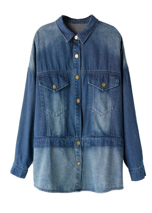 Blue Peter Pan Collar Pockets Patchwork Cotton Shirts Top Fall
