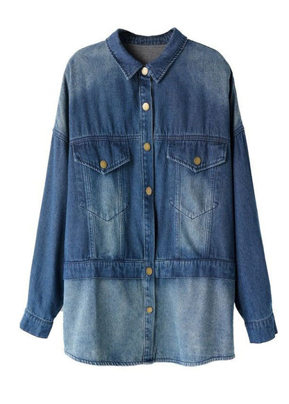 Blue Peter Pan Collar Pockets Patchwork Cotton Shirts Top Fall