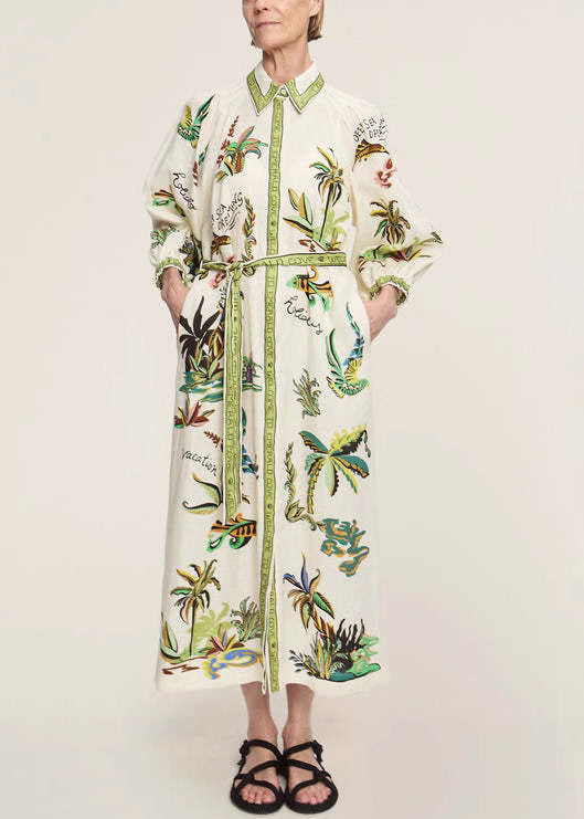 Green Print Pockets Tie Waist Linen Blouses Dresses Spring