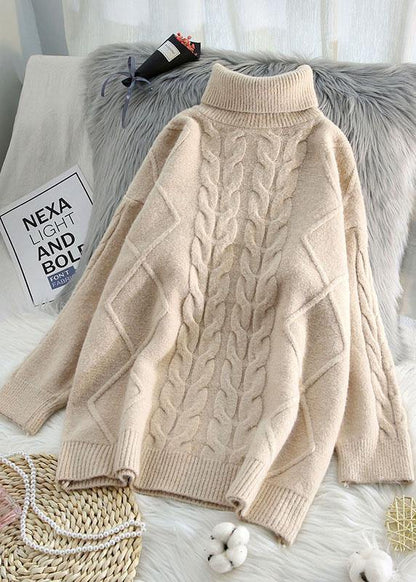 Chunky Blue Knit Tops Cable High Neck Knitwear