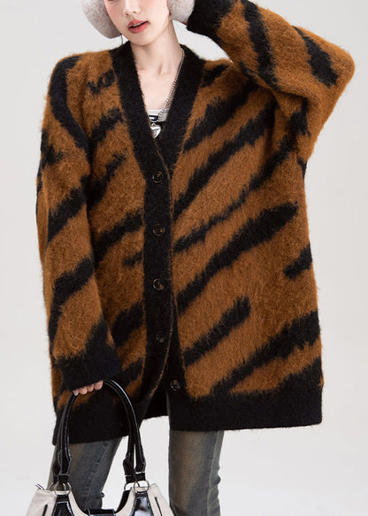 Coffee V Neck Striped Button Knit Cardigans Fall